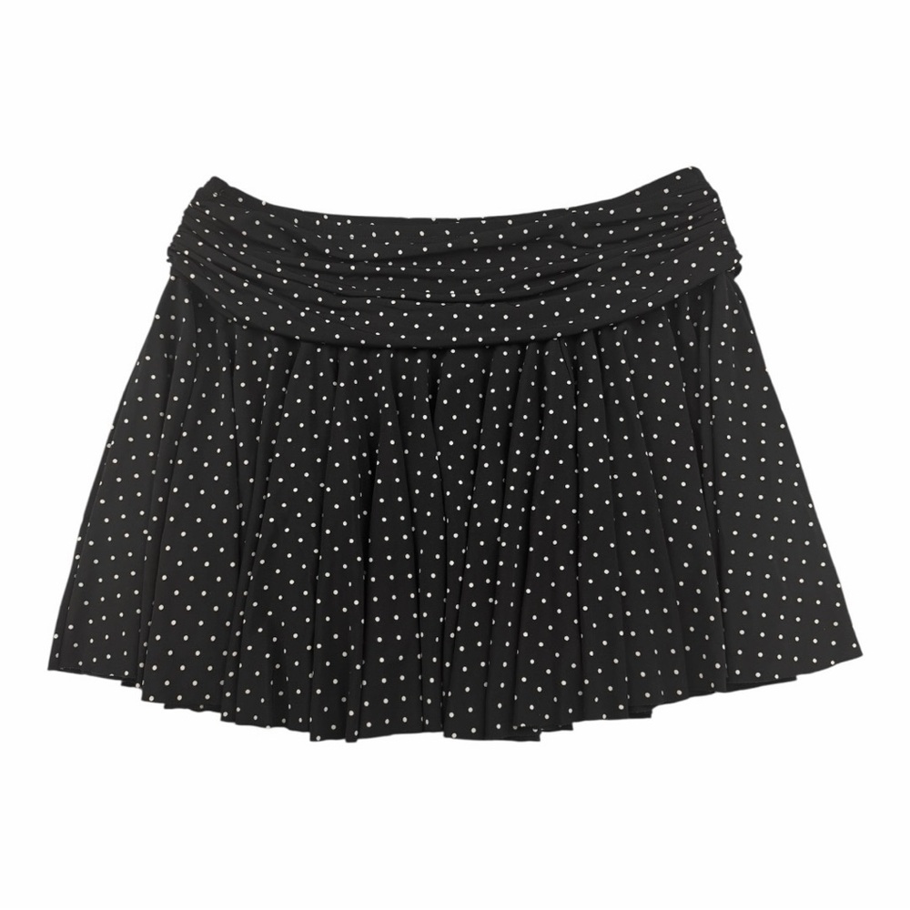 BCBGMAXAZRIA Black Polka Dot pleated Mini Skirt Ruched Waist Made in USA Large